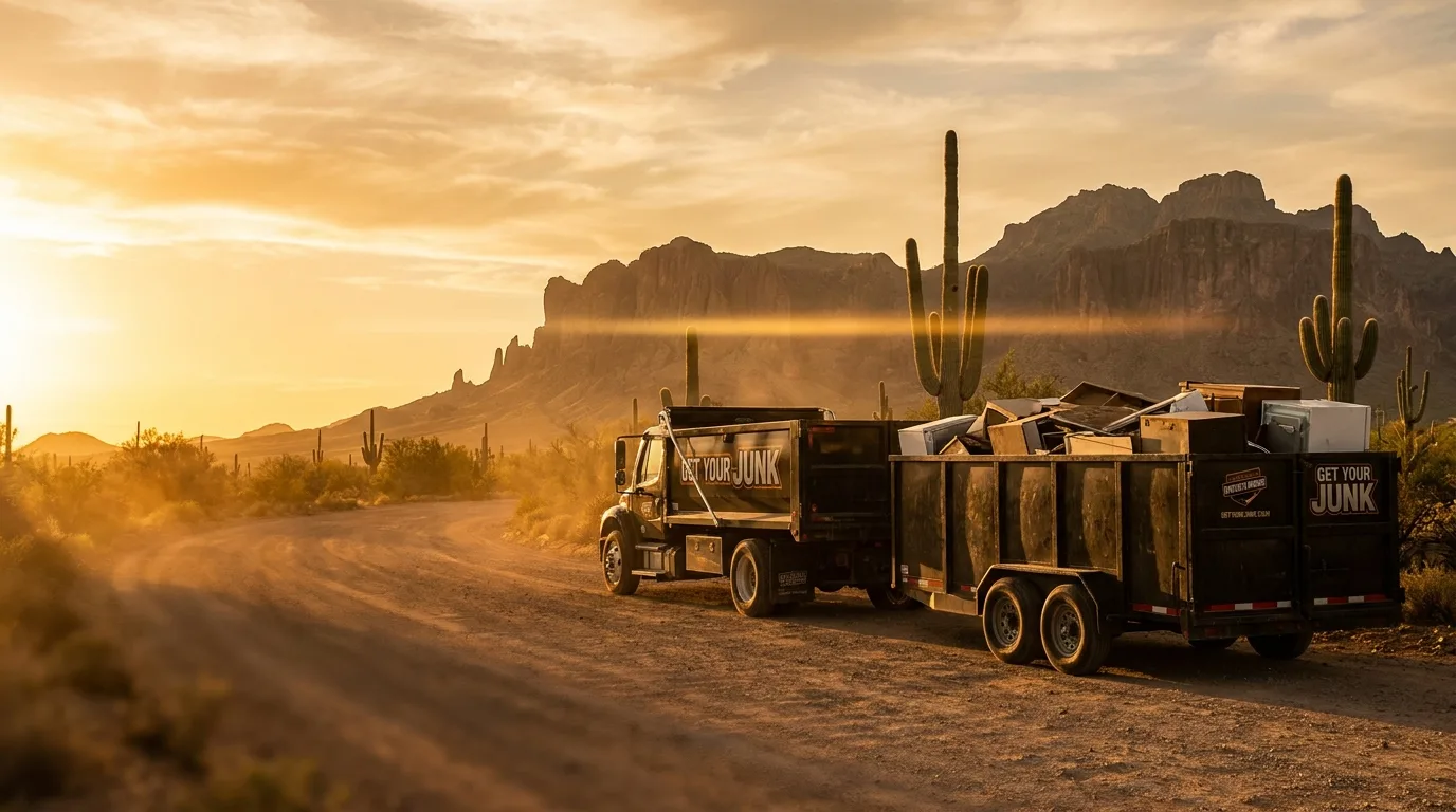 A Get Your Junk truck and trailer loaded with hauled junk on a Tucson desert road